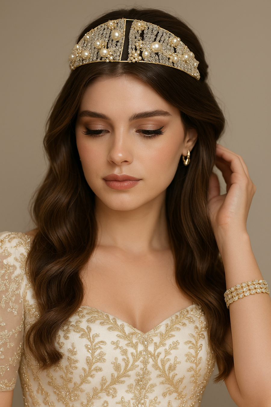 غطاء رأس مزين بالكريستال الشفاف واللؤلؤ