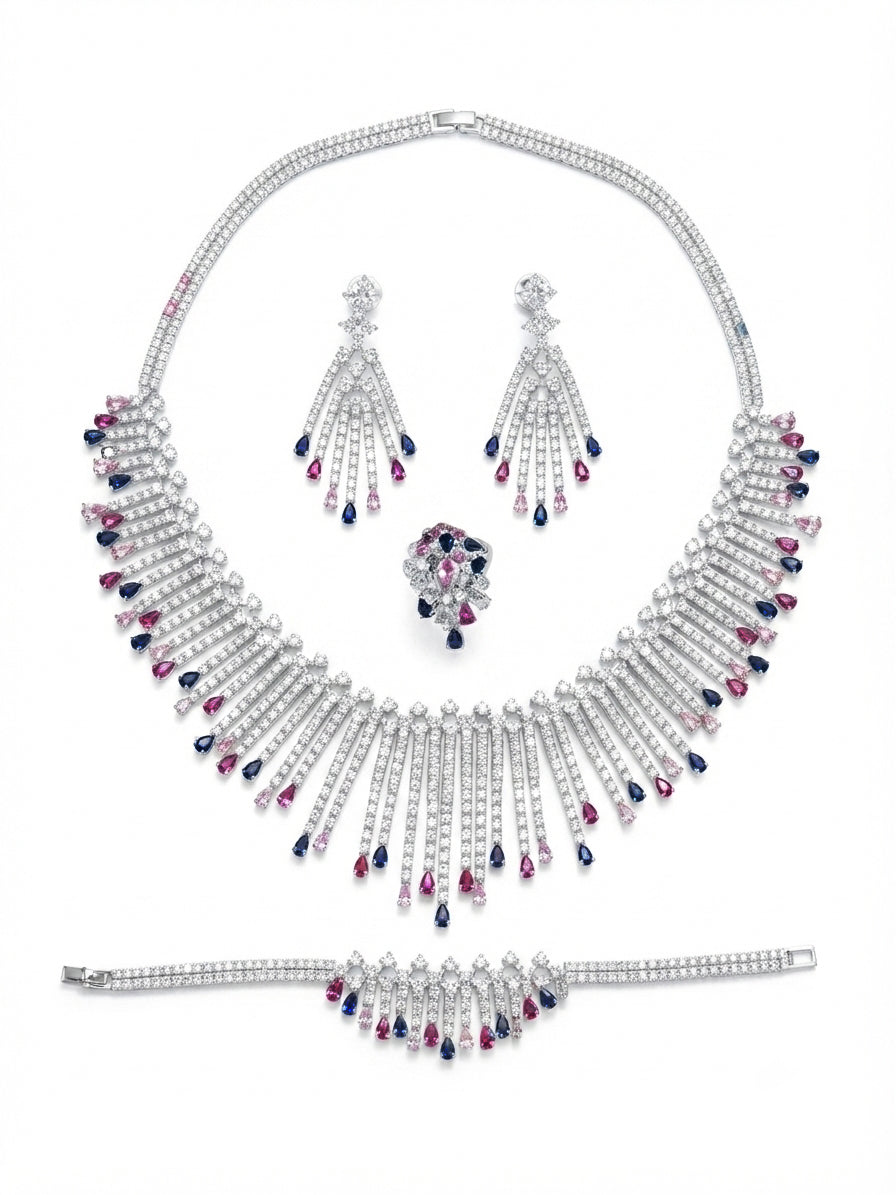 Set studded with colored zircon stones
