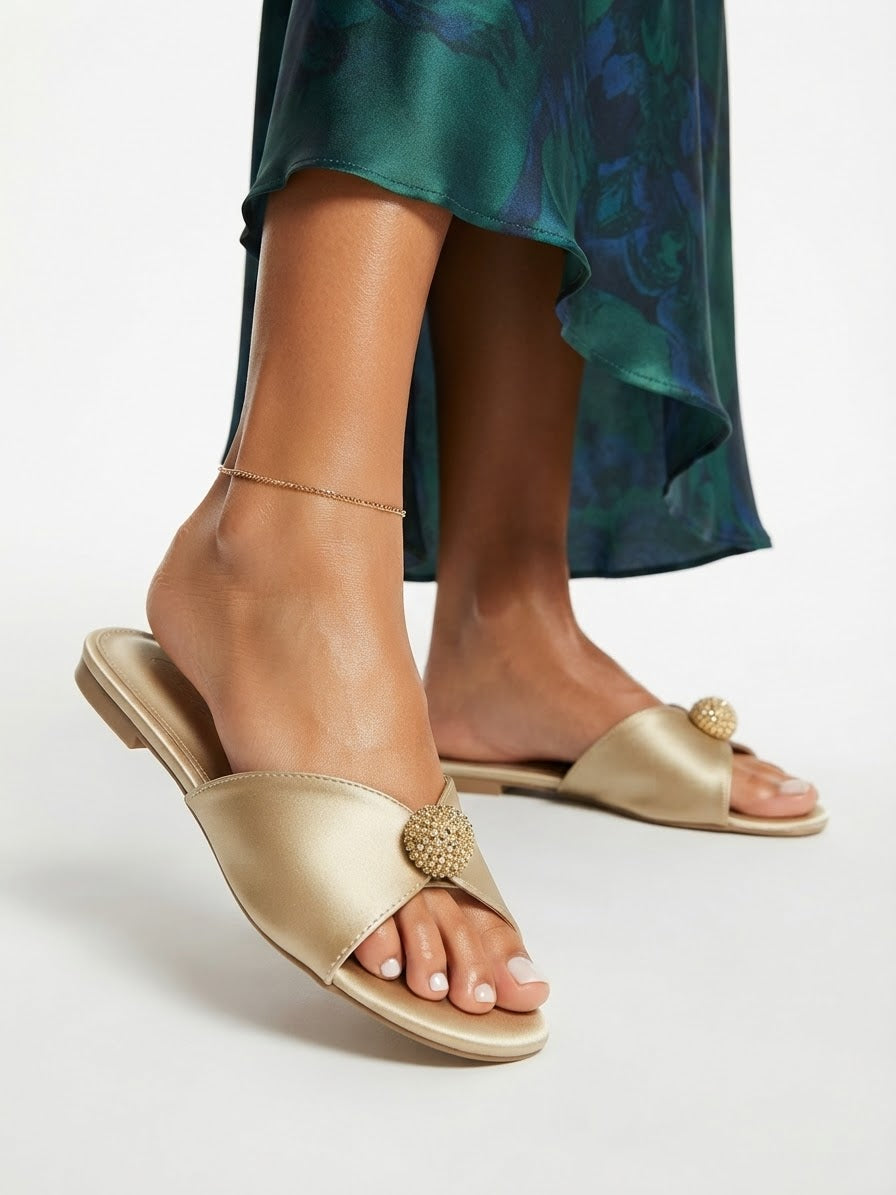 Leather slippers with crystal ball