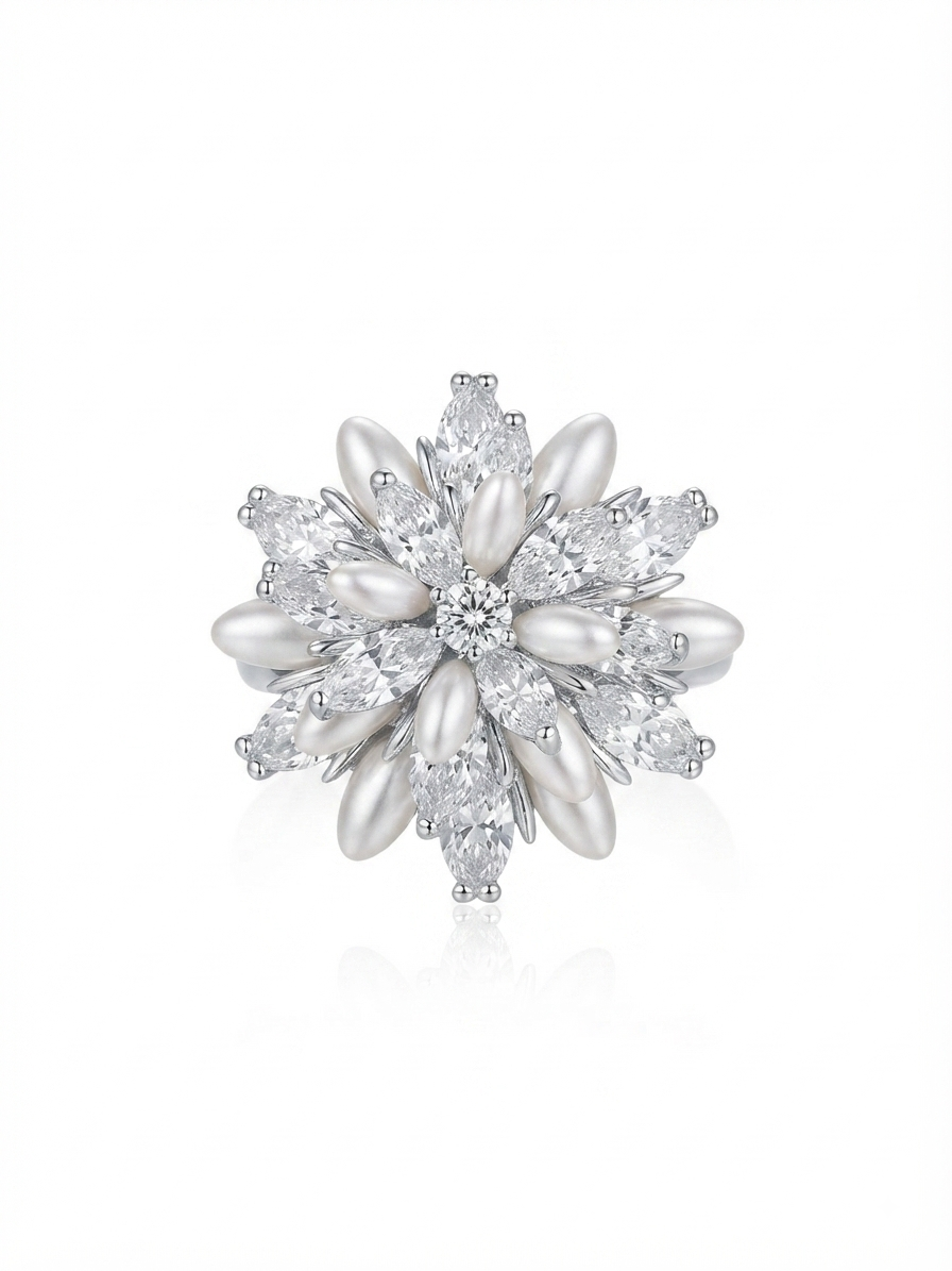 A ring set with zircon stones and pearls.