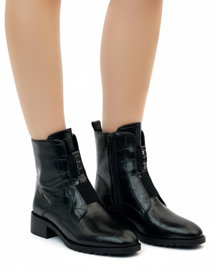 حذاء كاحل من الجلد بكعب سميك وجانب مطاطي