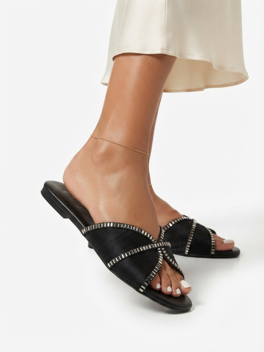 Lace slippers with crystal stones