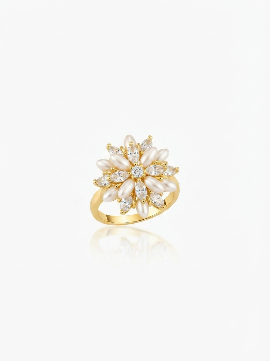 A ring set with zircon stones and pearls.