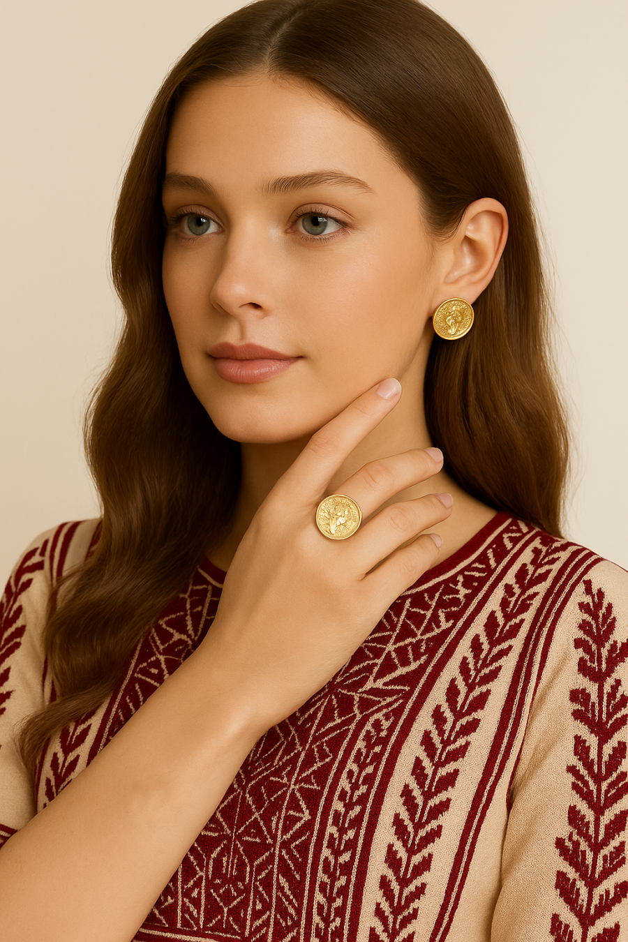 Gold lira ring and earring set
