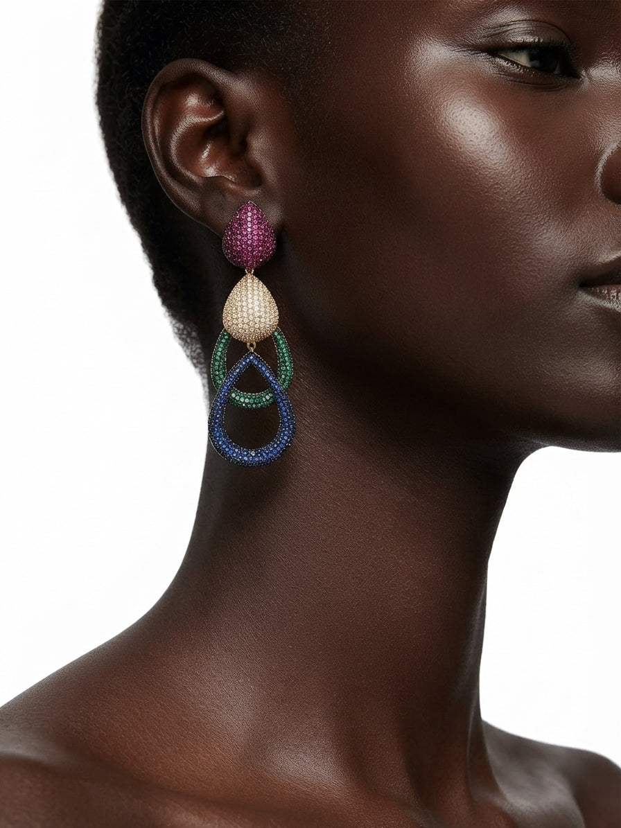 Earrings set with colorful zircon stones