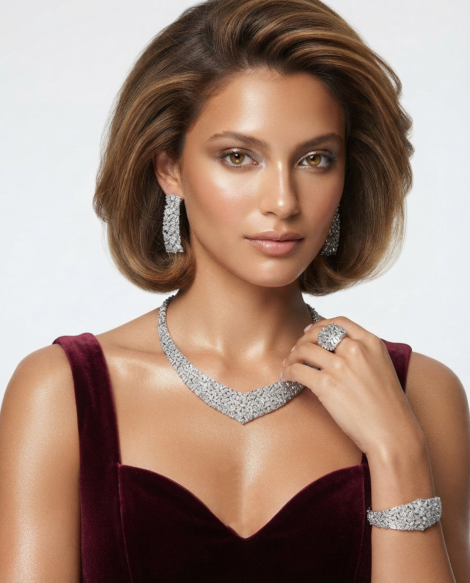 Silver-toned set embellished with zircon stones