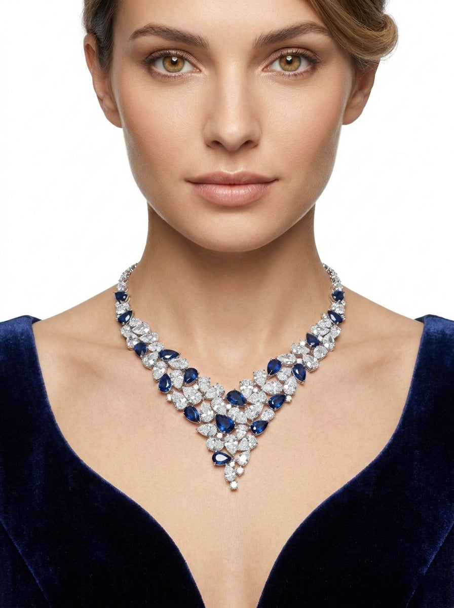 Necklace adorned with navy blue zircon stones.