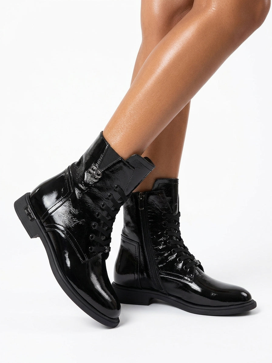 Black leather mid-calf combat boots
