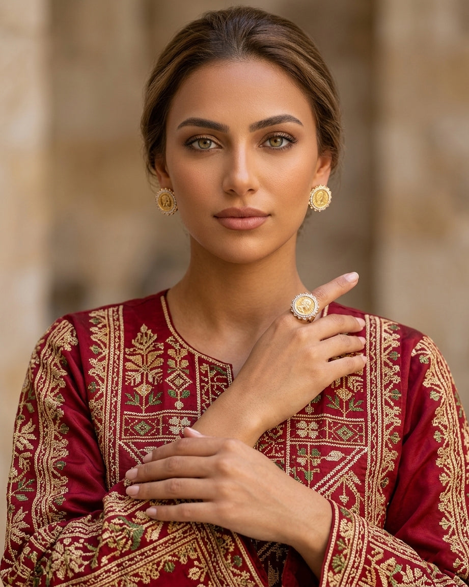 Gold lira ring and earring set