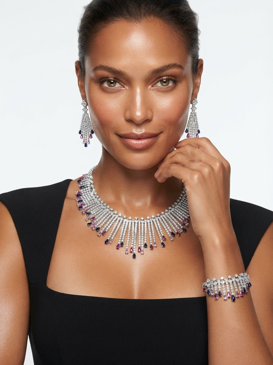 Set studded with colored zircon stones