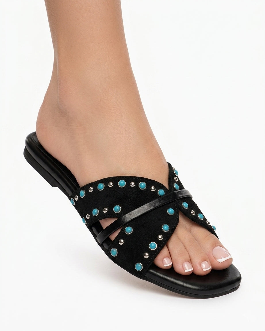 Suede slippers with turquoise stones
