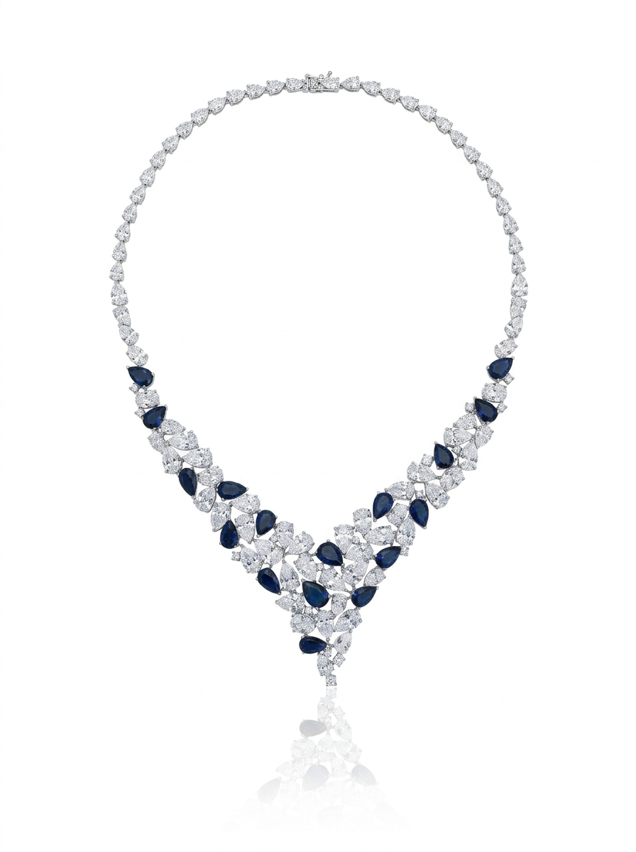 Necklace adorned with navy blue zircon stones.