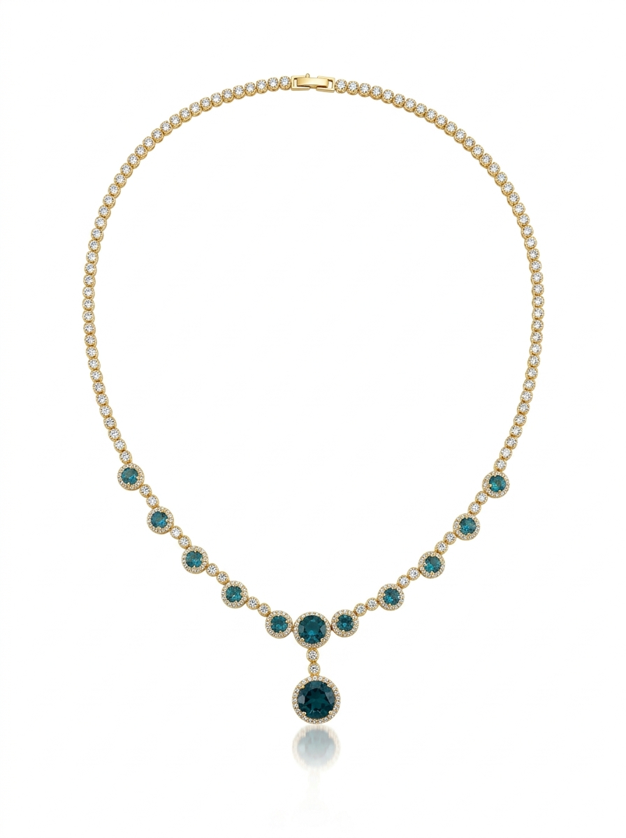 Necklace adorned with navy blue zircon stones.