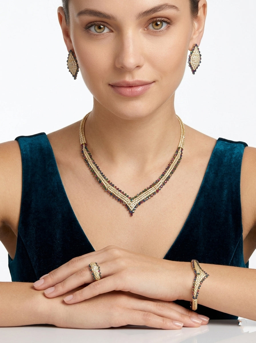 Set studded with colored zircon stones