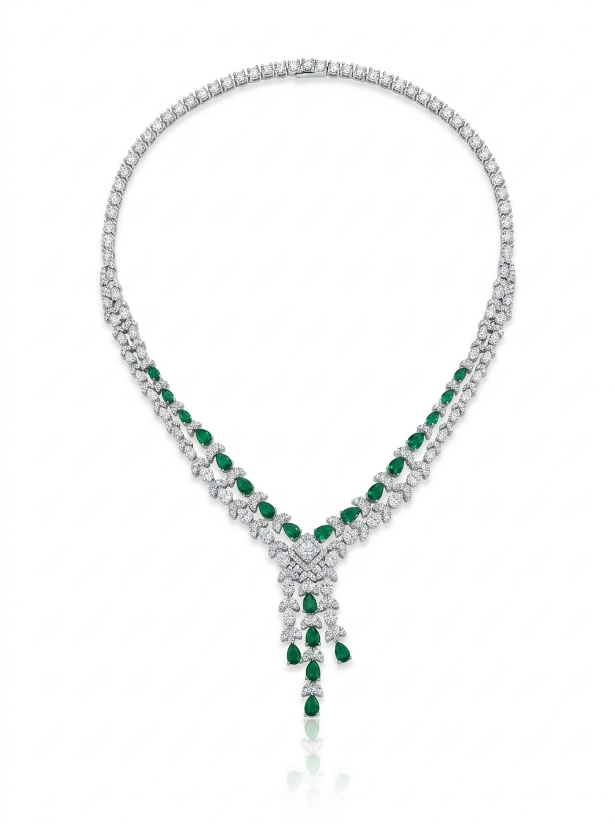 A necklace adorned with green zircon stones.