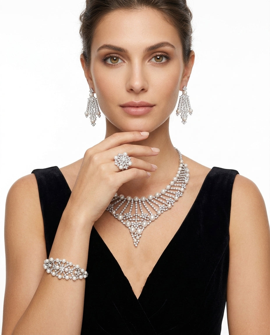 A set studded with zircon stones and pearls in silver