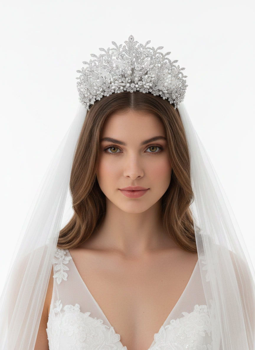 A crown studded with zircon stones and pearls