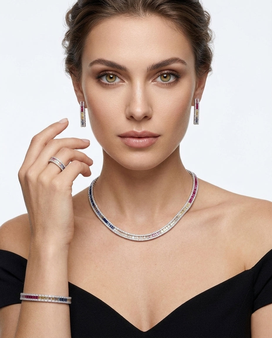 Set studded with colored zircon stones