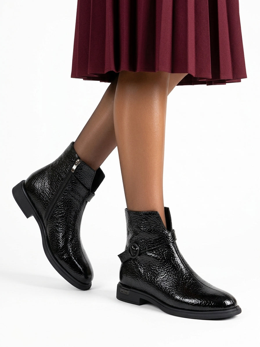 Black leather mid-calf combat boots