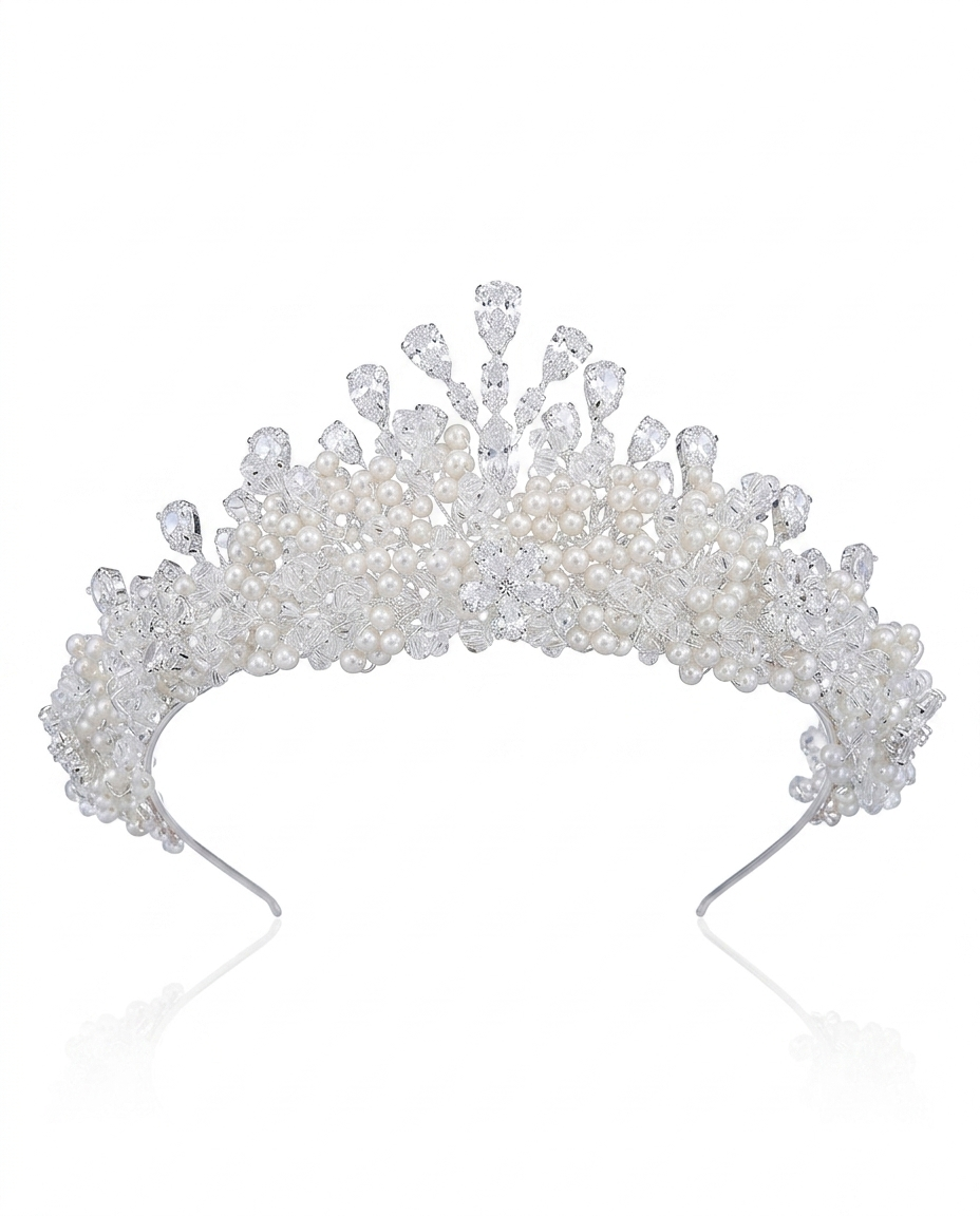 A tiara adorned with pearls and crystals.