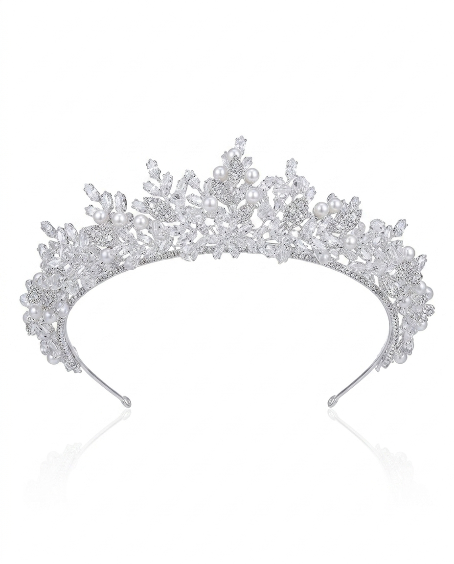 A tiara adorned with pearls and crystals.