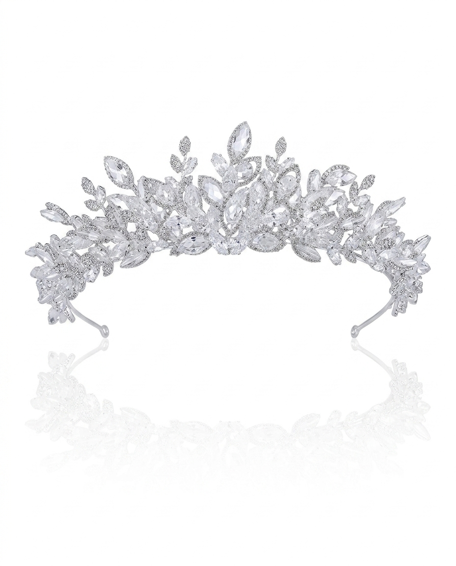 A tiara adorned with clear crystals and zircon stones.