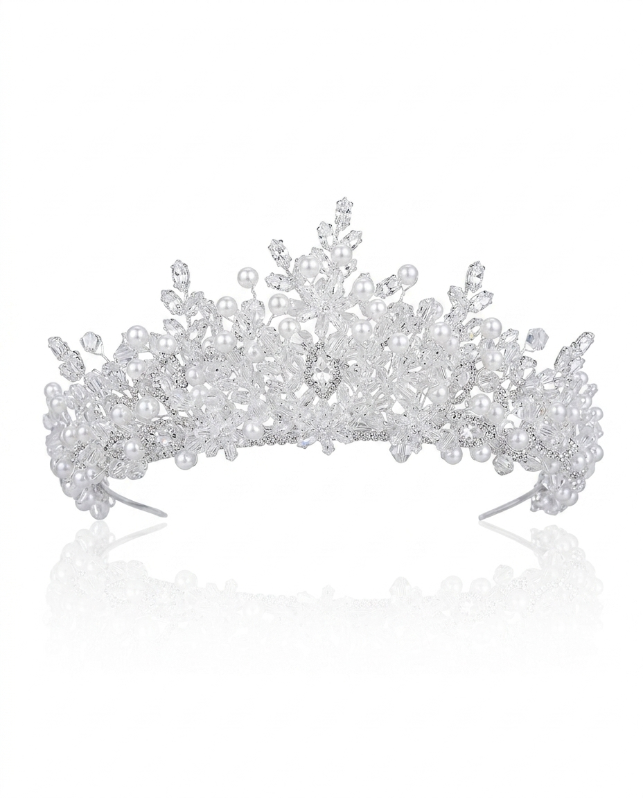 A crown adorned with clear crystals, zircon, and pearls.
