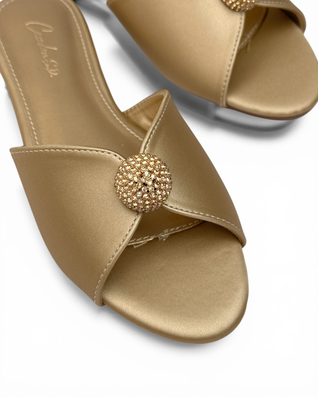 Leather slippers with crystal ball