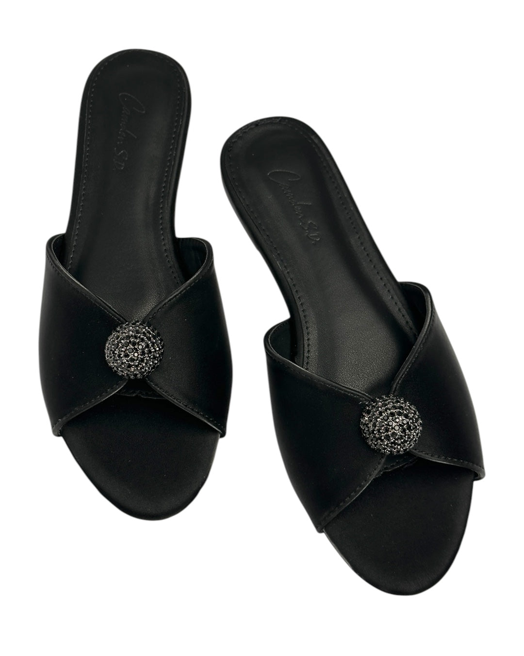 Leather slippers with crystal ball