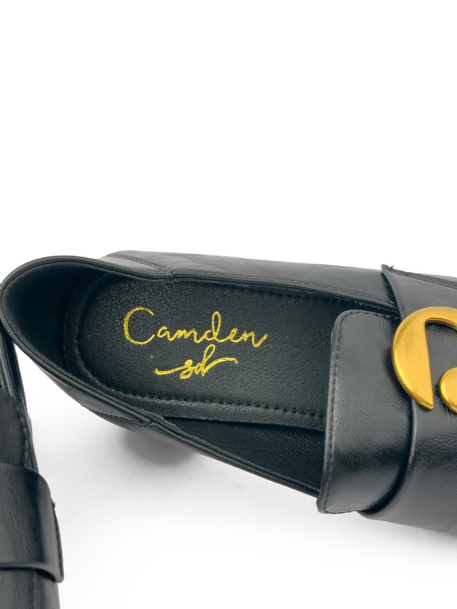 لوفر جلدي بكعب عريض وإبزيم ذهبي شعبي