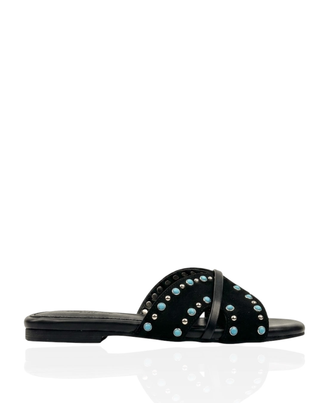 Suede slippers with turquoise stones