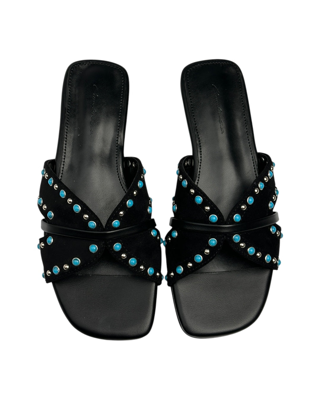 Suede slippers with turquoise stones