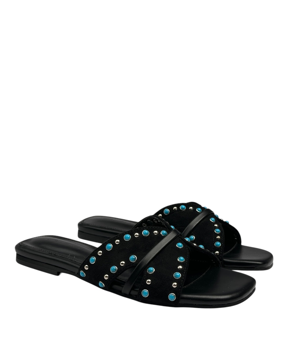 Suede slippers with turquoise stones