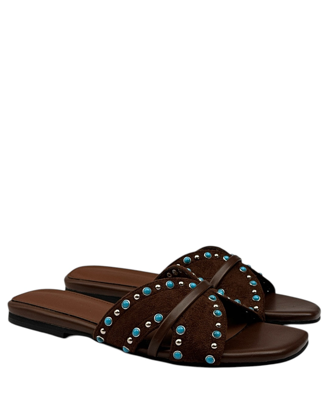 Suede slippers with turquoise stones