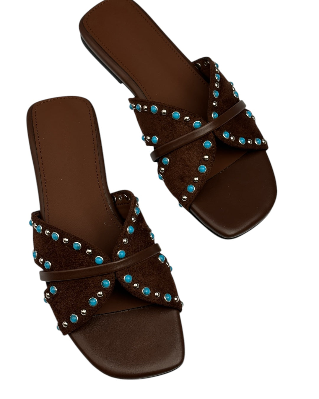 Suede slippers with turquoise stones