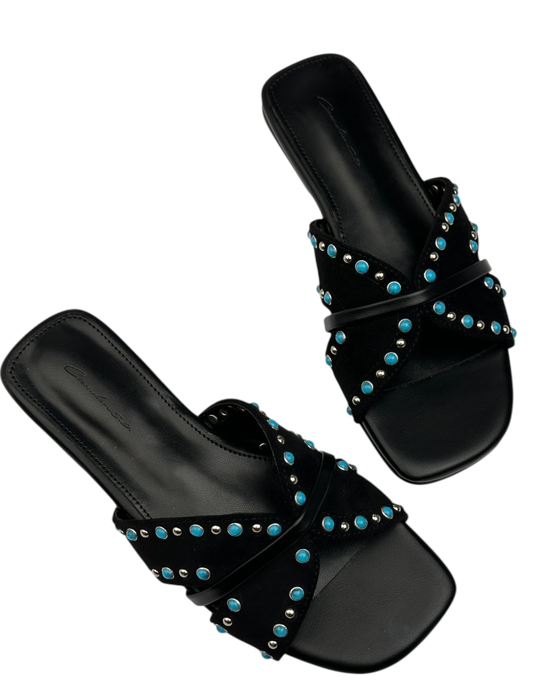 Suede slippers with turquoise stones