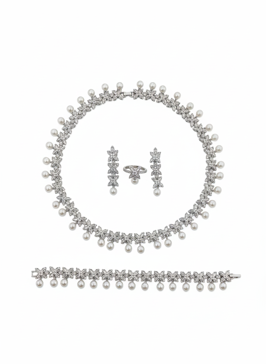 Set studded with zircon stones and pearls