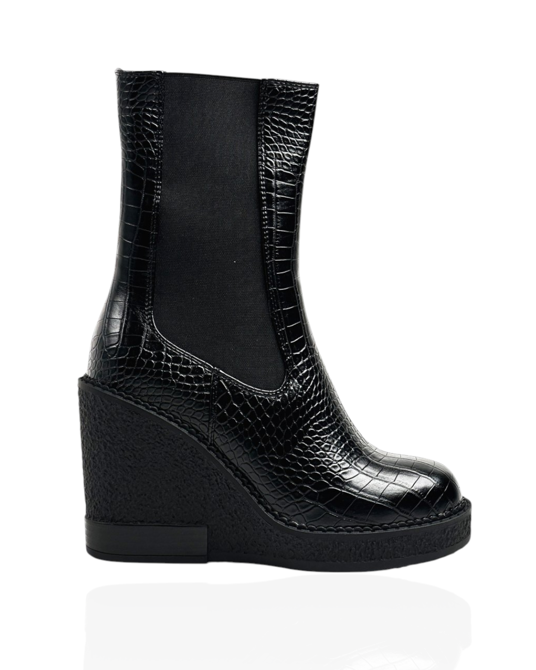 Mid-calf glossy leather boots