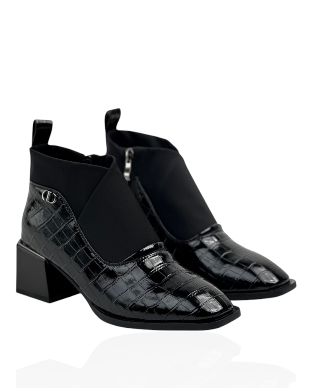 Black leather boots with front stretch panel
