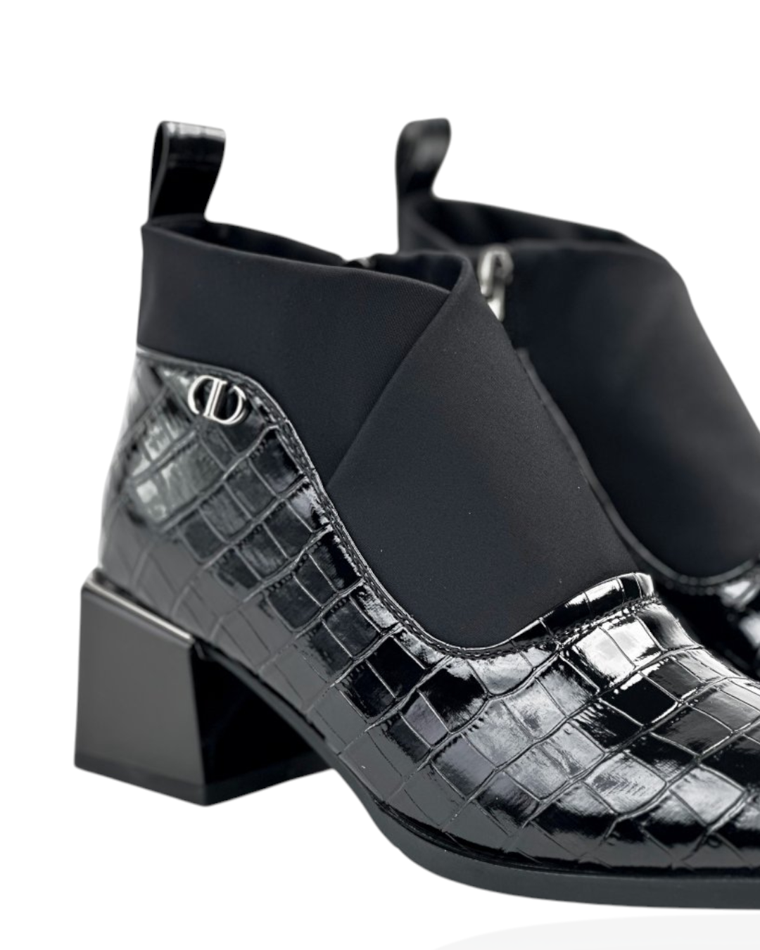 Black leather boots with front stretch panel