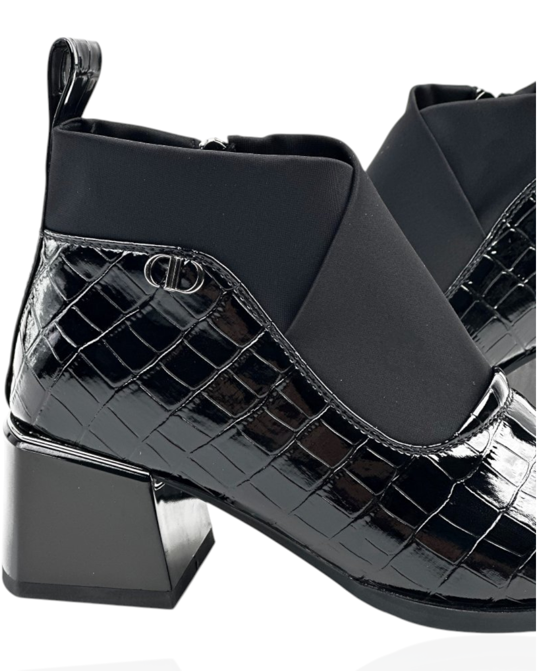 Black leather boots with front stretch panel