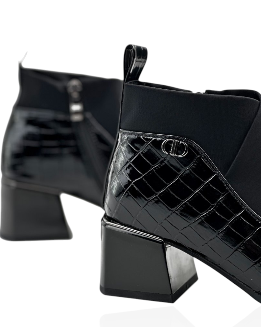 Black leather boots with front stretch panel