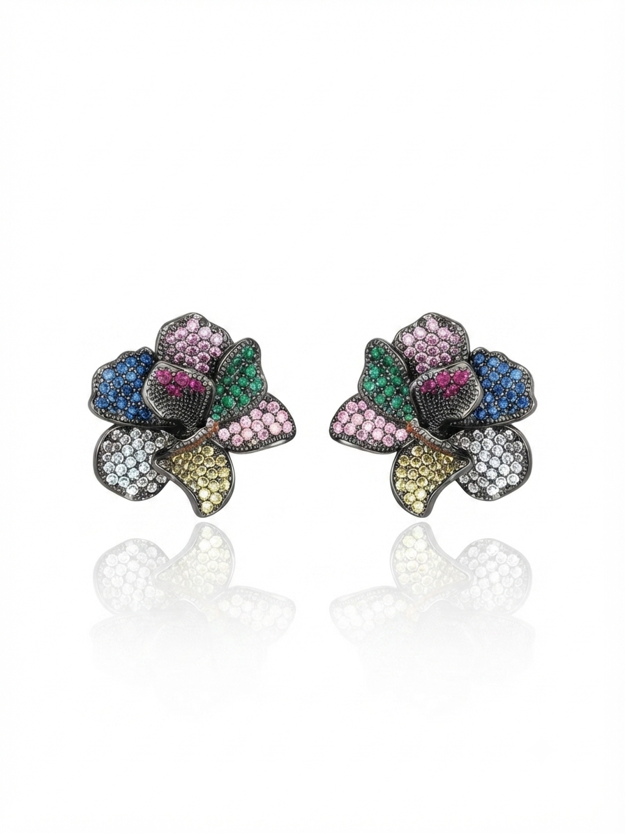 Rose-shaped earrings set with colorful zircon stones