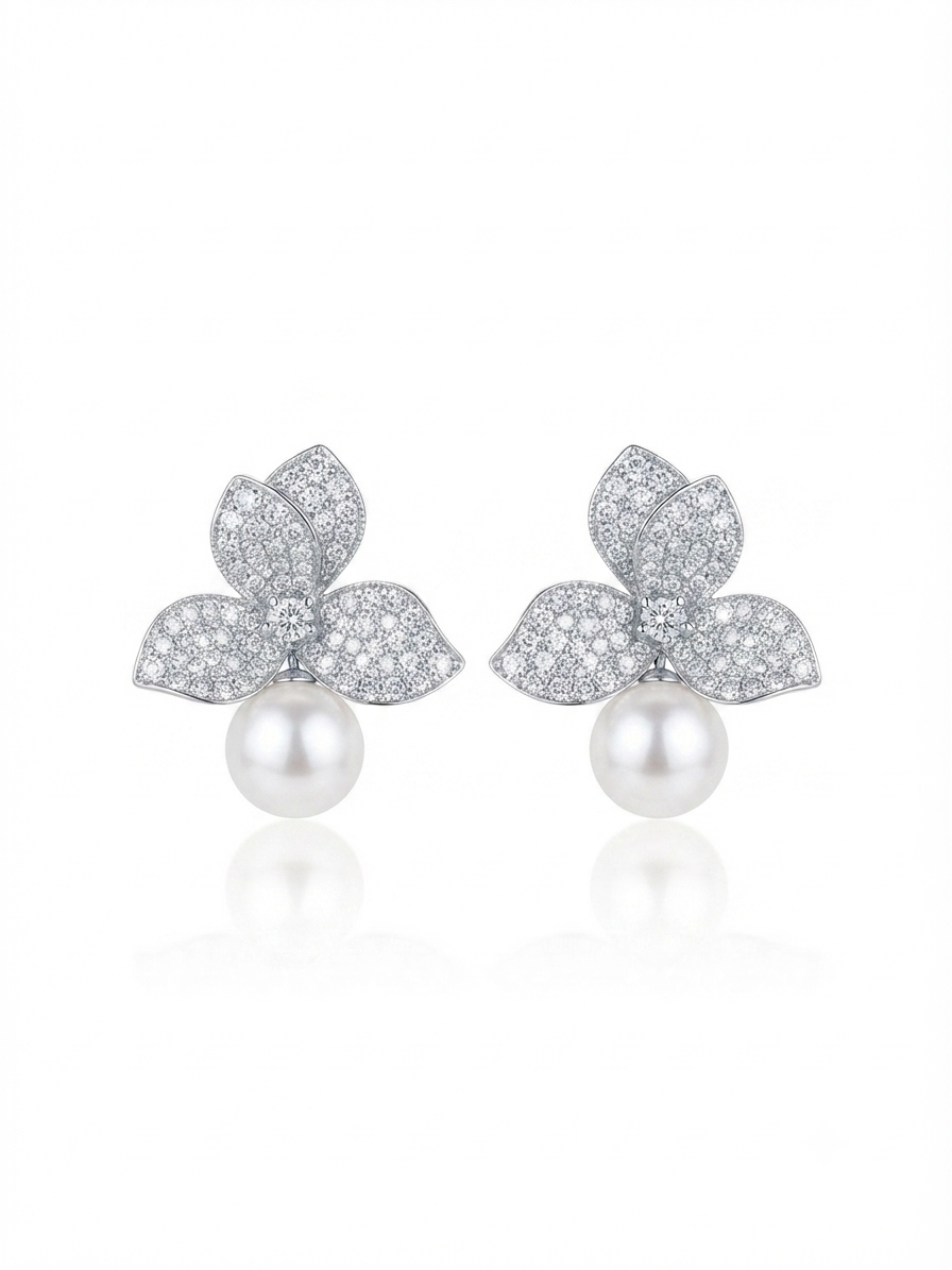 Earrings set with zircon stones and pearls