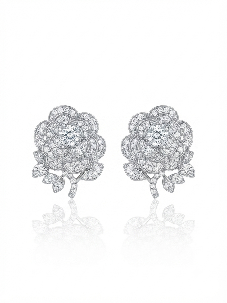 Rose-shaped earrings set with zircon stones