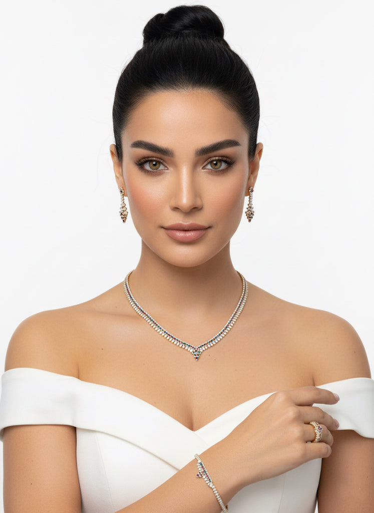 Set studded with colored zircon stones