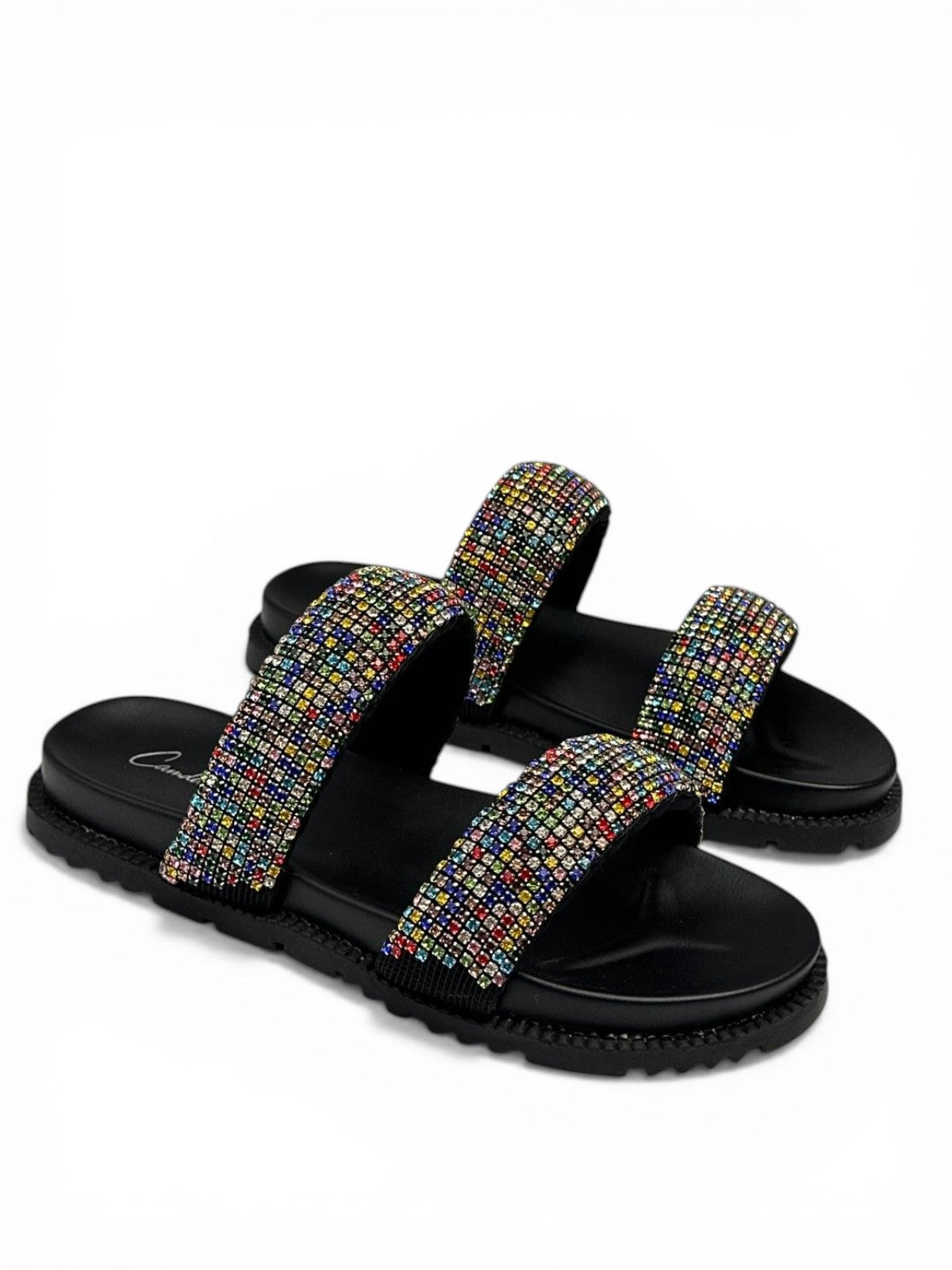 Leather slippers with crystal stones