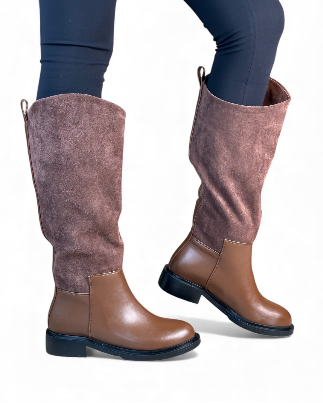 حذاء برقبة عالية - مزيج من الجلد والجلد المدبوغ