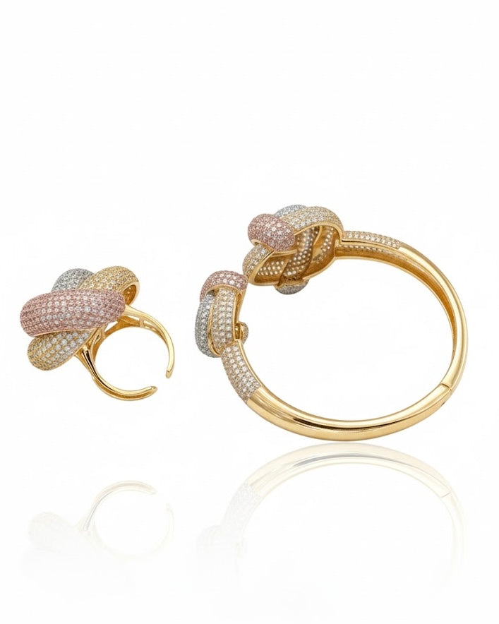 طقم سوار وخاتم مختلط مرصع بأحجار الزركون