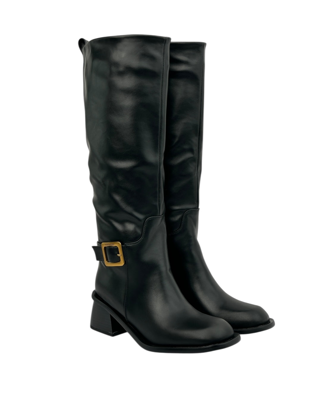 حذاء طويل من الجلد ذو مقدمة مربعة وكعب عريض